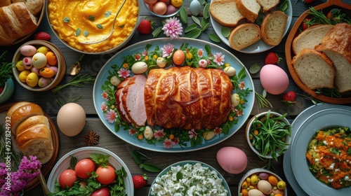 Festive Easter Dinner Spread, traditional Easter feast lavishly spread out on a wooden table, featuring a glazed ham centerpiece surrounded by colorful accompaniments photo