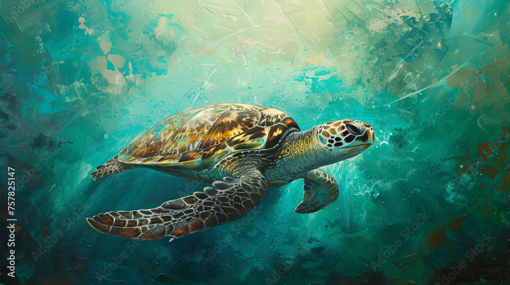 Fototapeta premium Sea turtle splashing in the ocean waters