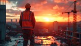 Construction Worker at Sunrise, construction worker in reflective gear gazes at a vibrant sunrise from the building site, embodying hope and progress