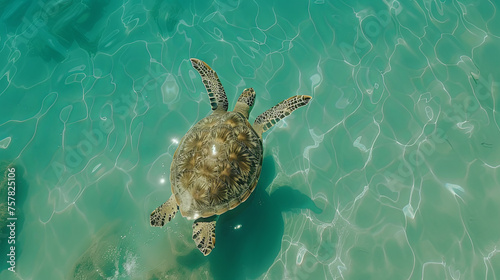 Sea turtle swims on top of the turquoise ocean