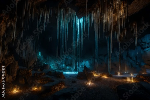 A mysterious cave entrance with glowing crystals and stalactites