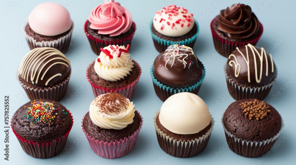 Group of assorted cupcakes topped with frosting, icing. Isolated on blue background. Group of assorted cupcakes topped with frosting, icing. Isolated on blue background.