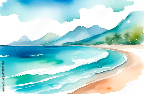 Beach with clear sea, turquoise frothy waves and mountains in background. Travel, excursions. Watercolor drawing