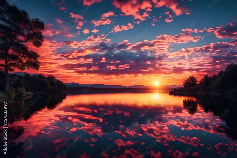 A breathtaking sunset over a tranquil lake, reflecting the brilliant colors of the sky. 