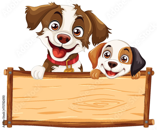 Two cartoon dogs holding a wooden sign.