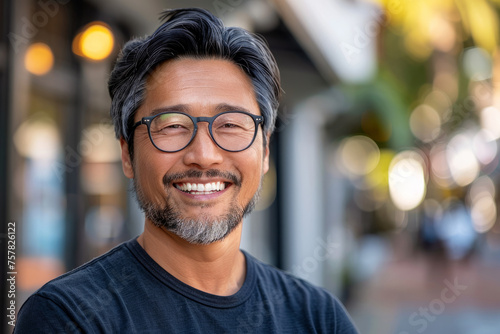 A man with glasses is smiling and wearing a blue shirt. He is standing in front of a building with a backpack on his back. Happy satisfied asian man wearing glasses portrait outside. photo
