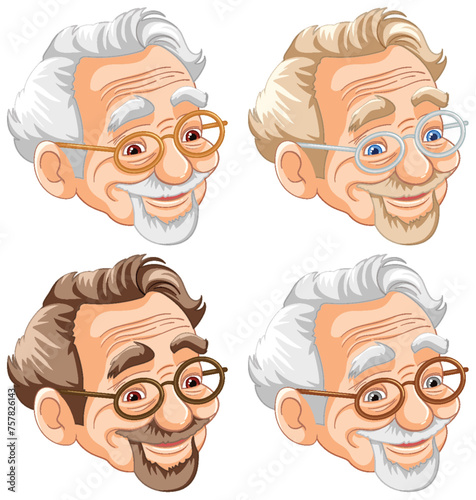 Four cheerful senior men with glasses smiling.