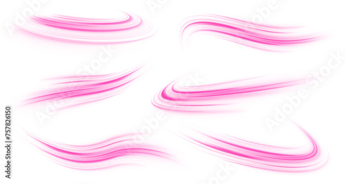 Set of neon speed lines on transparent background PNG. Big data traffic visualization, dynamic high speed data streaming traffic.	