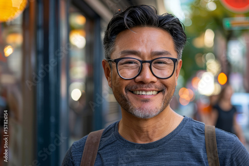 A man with glasses is smiling and wearing a blue shirt. He is standing in front of a building with a backpack on his back. Happy satisfied asian man wearing glasses portrait outside.
