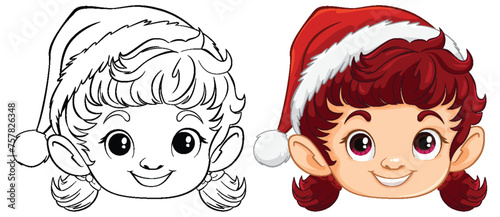 Colorful and line art of a smiling Christmas elf.