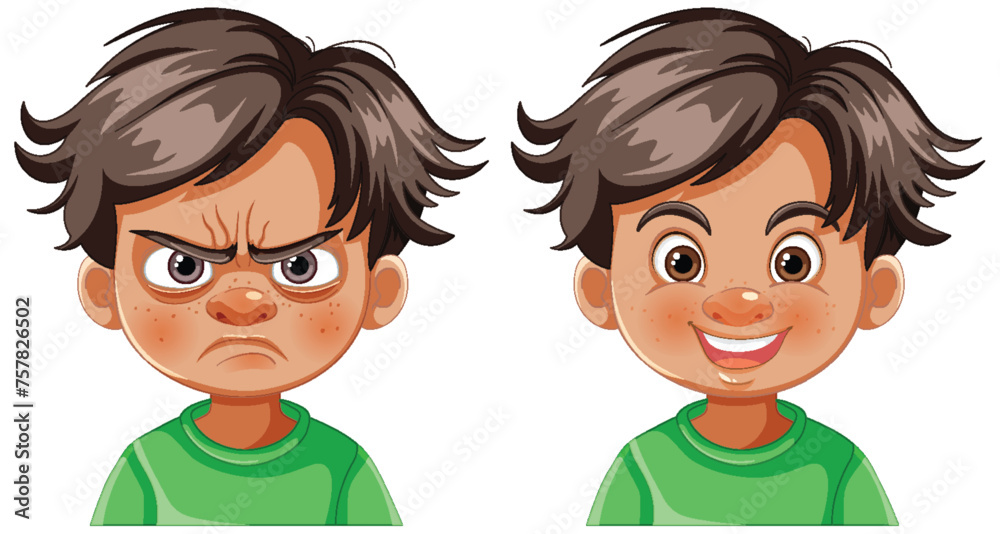 Vector illustration of contrasting emotions on boy's face Vector illustration of contrasting emotions on boy's face
