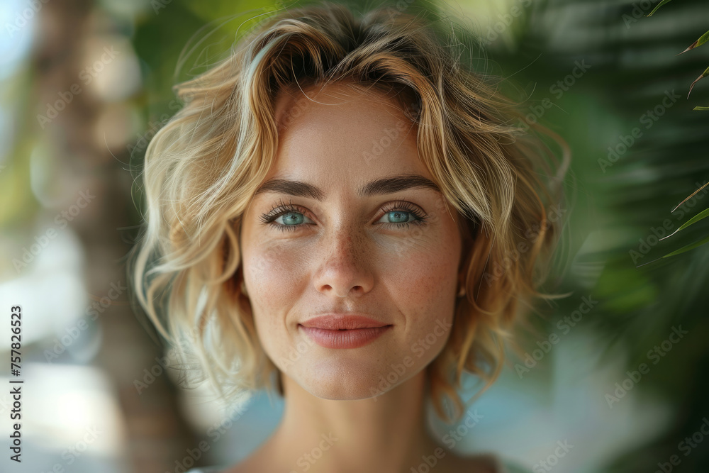 A woman with curly hair is smiling and looking at the camera. She is wearing a shirt. an attractive woman in an office, in the style of muted, earthy tones, , light orange and light indigo A woman with curly hair is smiling and looking at the camera. She is wearing a shirt. an attractive woman in an office, in the style of muted, earthy tones, , light orange and light indigo
