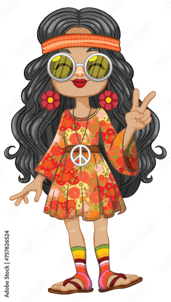 Cartoon of a girl dressed in vibrant hippie attire.