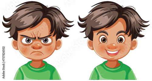 Vector illustration of contrasting emotions on boy's face