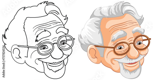 Black and white and colored portraits of a happy senior man.