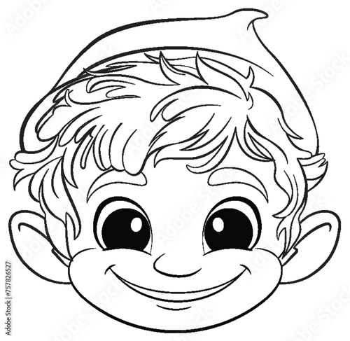 Black and white drawing of a happy elf child.