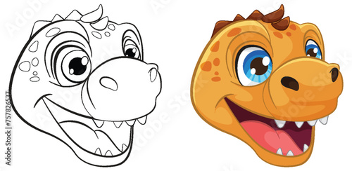 From sketch to colorful cartoon dinosaur illustration