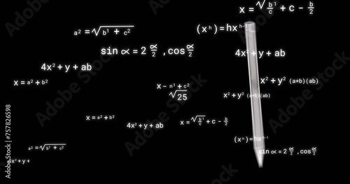Image of school icons over mathematical equations on black background