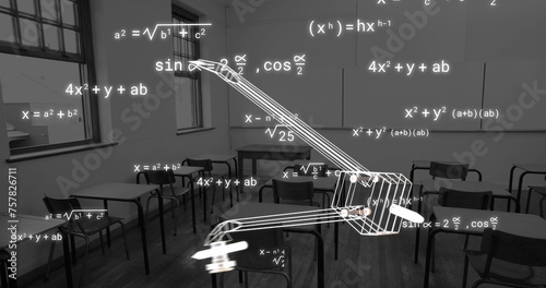 Image of compass icon and mathematical equations over empty classroom
