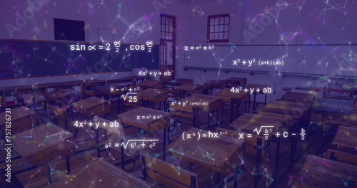 Image of mathematical equations and network of connections over empty classroom