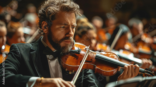 An adult man plays the violin in a symphony orchestra on a blurred background.