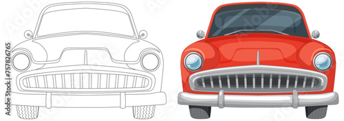 Vector illustration of a vintage car in two styles.