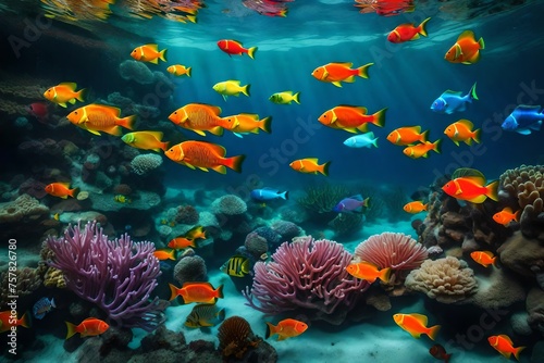 A surreal underwater scene with colorful fish swimming around a coral reef 