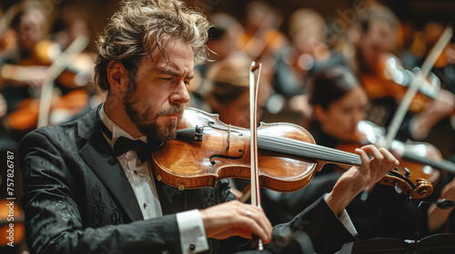 An adult man plays the violin in a symphony orchestra on a blurred background.