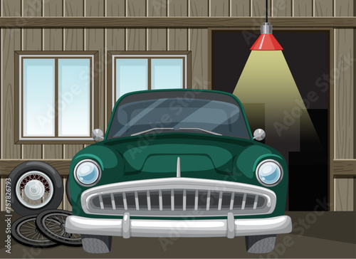 Classic green car parked inside a wooden garage