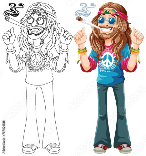 Colorful hippie with peace symbols and joint.
