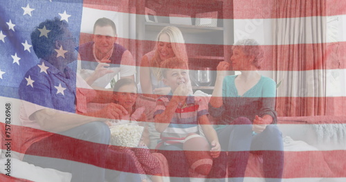 Image of flag of united states of america waving over smiling caucasian family
