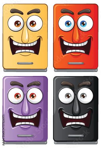 Four cartoon smartphones with expressive faces