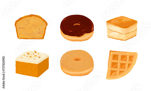Set of various sweets. Hand drawn vector illustration. Donut, scone, waffle, banana cake, carrot cake.