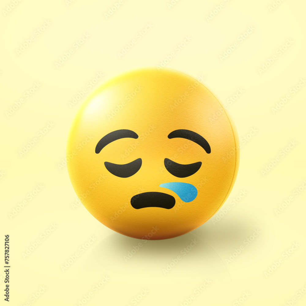 Fototapeta premium Sleepy Emoji stress ball on shiny floor. 3D emoticon isolated.