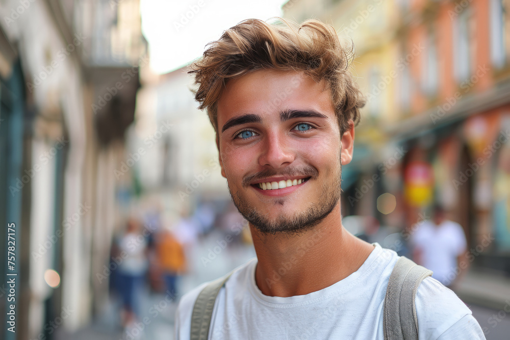 Close up portrait of happy young European man happy smiling face on street. Male people with cheerful expression looking at camera in open air. Nice boy posing for photo outdoor