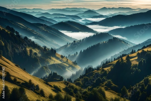 A misty mountain landscape with layers of hills disappearing into the distance 