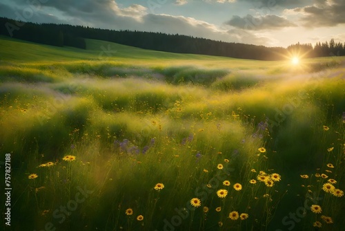 A peaceful meadow with wildflowers floating under a light breeze © MB Khan
