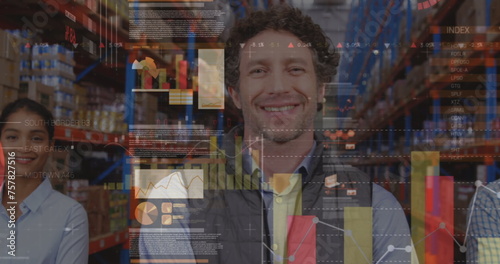 Screens with data processing against diverse male and female supervisors smiling at warehouse
