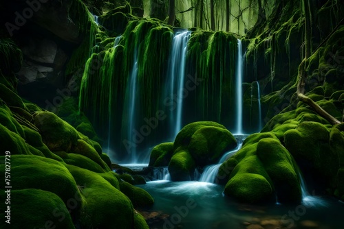 A secluded sanctuary features a magnificent waterfall tumbling down a moss-covered rock face.