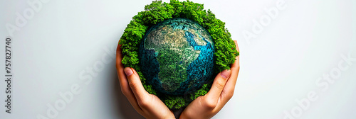 Closeup image of a child's hand holding a forest and an earth-like sphere..