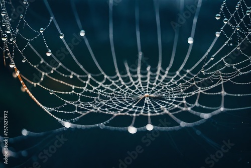 A macro photograph of water droplets on a spider web in the early morning mist.