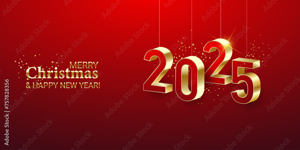 Red banner Background Merry Christmas, New Year 2025, greeting card with hanging toys in the form of birds, balloon, Christmas tree and gold 3d numbers 2025, poster, calendar, festive design.