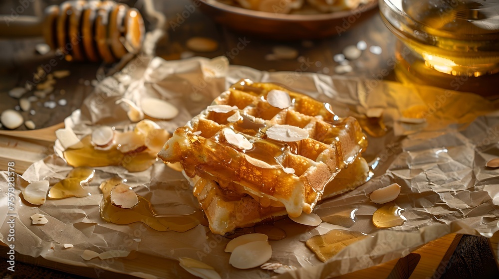 Delicious waffles with honey and almond flakes for breakfast. freshly baked, still steaming on rustic table. sweet, homemade dessert. AI