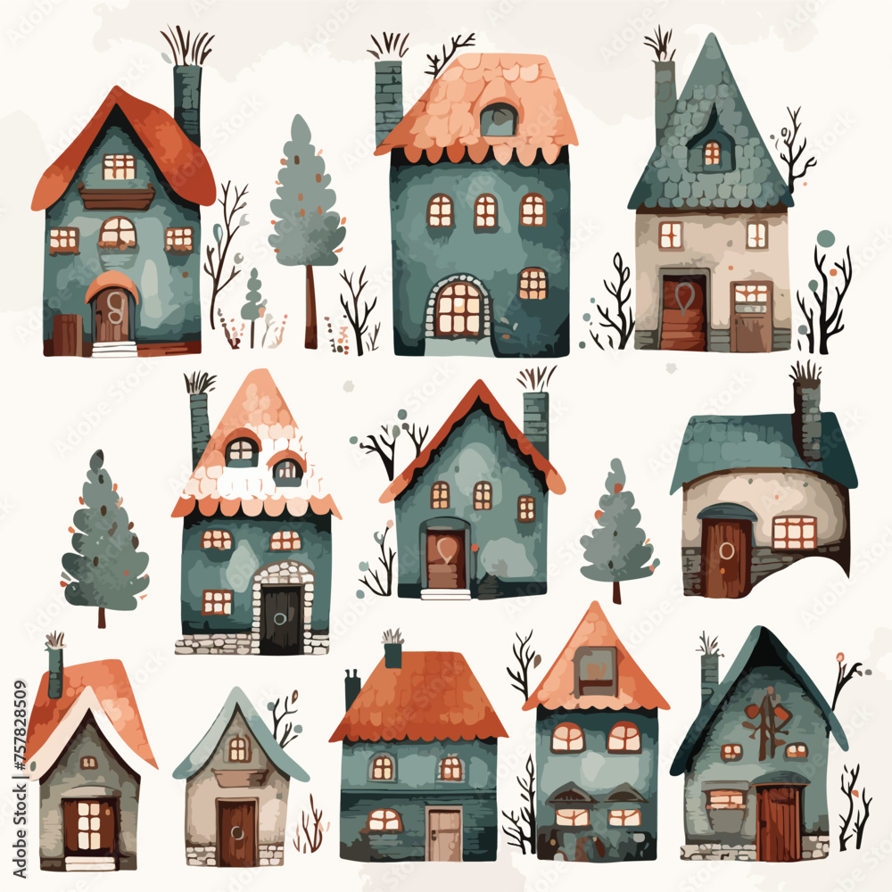 Quirky Winter Houses Clipart Clipart isolated on whit