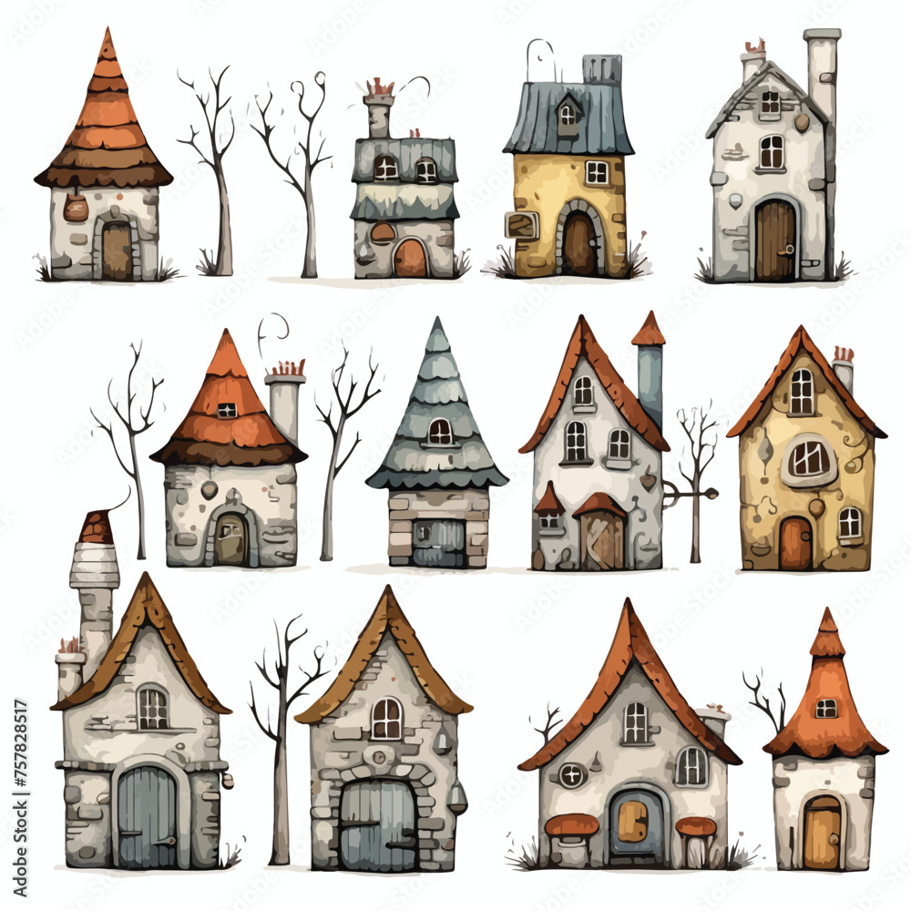 Quirky Winter Houses Clipart Clipart isolated on whit