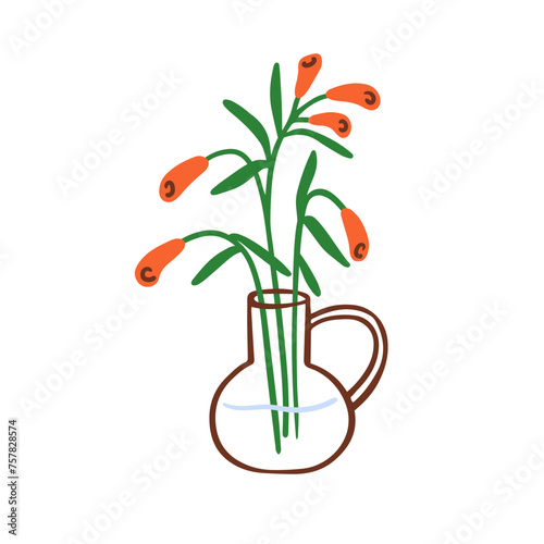 Spring flower in glass vase, jug. Summer floral plant, stems in water. Delica...