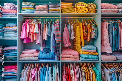 Nicely organised women's wardrobe filled with colourful clothes, cozy bedroom wardrobe. Female closet organization concept. Design for textile, interior, print.