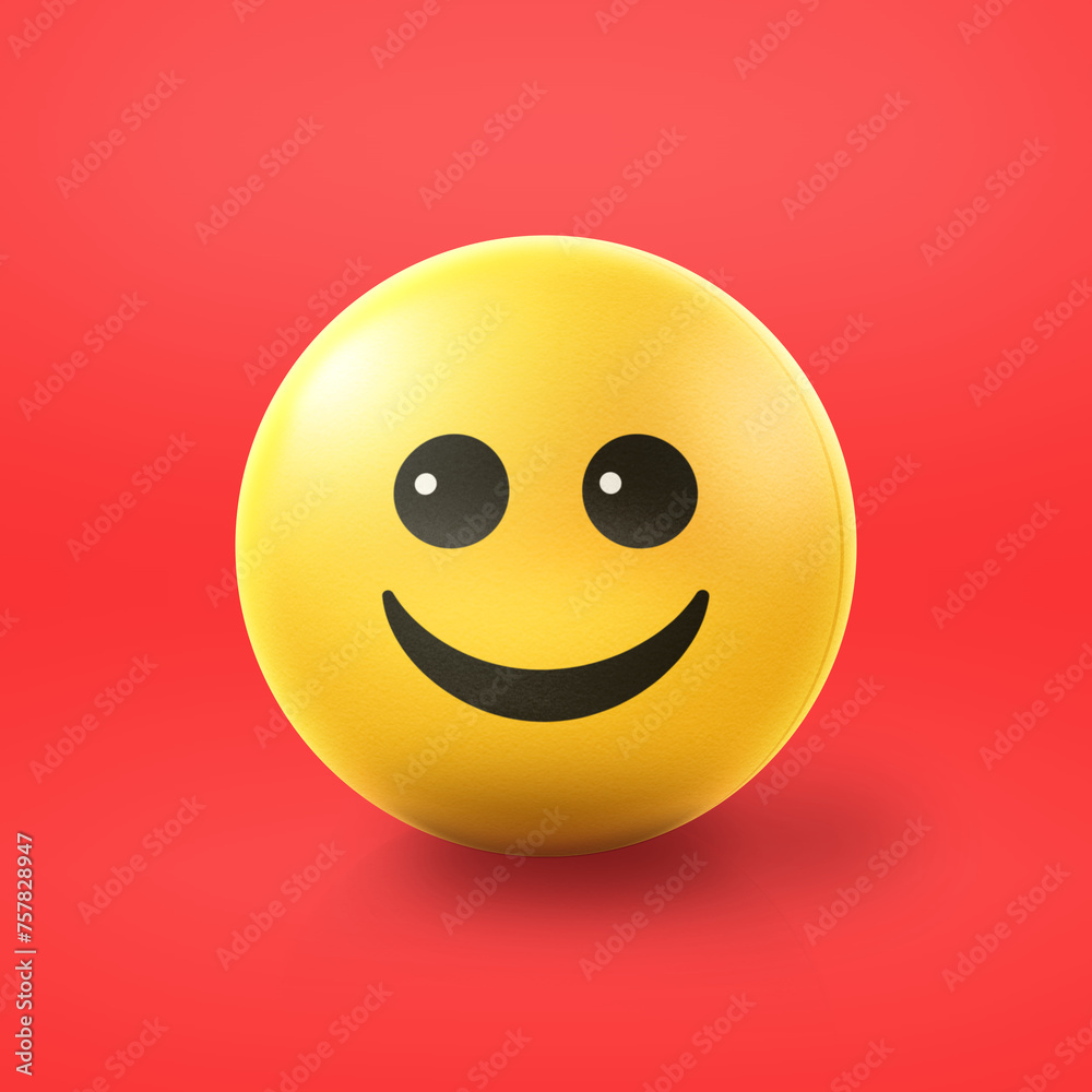 Fototapeta premium Happy smiling Emoji stress ball on shiny floor. 3D emoticon isolated.