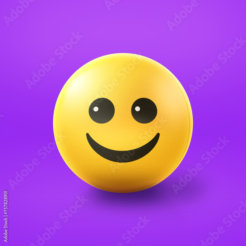 Happy smiling Emoji stress ball on shiny floor. 3D emoticon isolated.