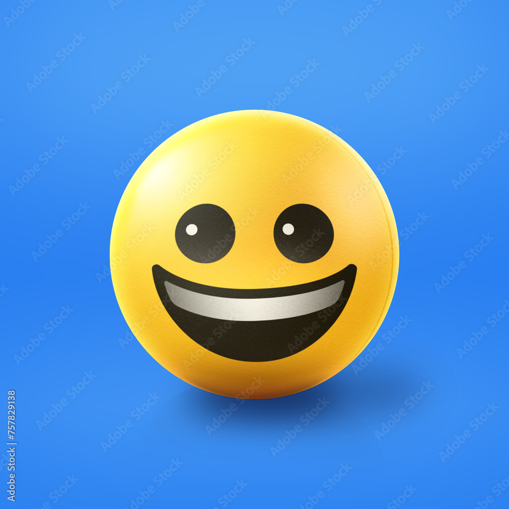 Fototapeta premium Happy smiling Emoji stress ball on shiny floor. 3D emoticon isolated.